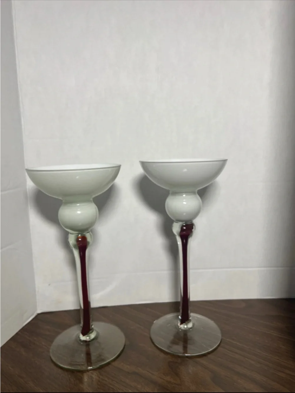 White Glass Candle Holders with Burgundy Stem - Home Accents